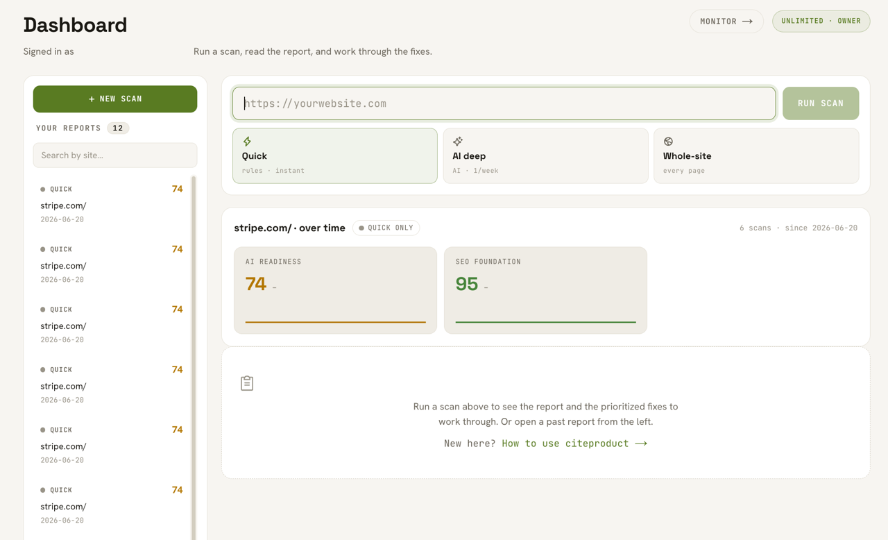 The dashboard with saved scans and the weekly monitoring controls